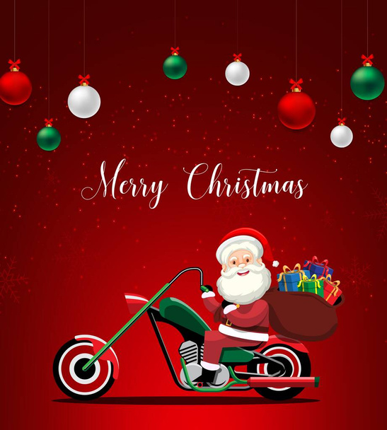 Santa Claus en el personaje de la bicicleta y feliz saludo de Navidad en un banner de fondo rojo - Foto, imagen