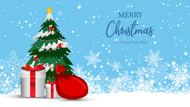Silhouet met Santa Claus en tas vol geschenken op winterse achtergrond. Cartoon scene.lettering van vrolijk kerstfeest - Foto, afbeelding