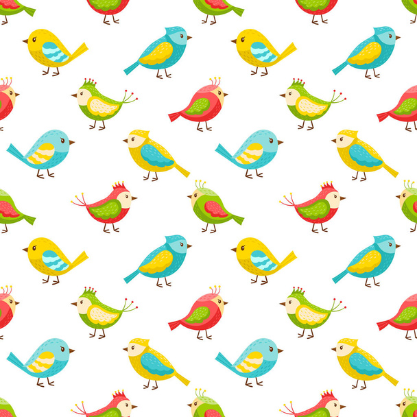 Seamless pattern with cute, colorful birds. Colored flat vector elements. Children's pattern for textiles and packaging. The objects are isolated. Transparent background - Vecteur, image