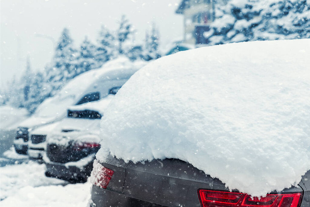 Stadsstraat oprit parkeerplaats met SUV auto bedekt sneeuw gevangen na zware sneeuwstorm sneeuwval winterdag door grote besneeuwde stapel. Sneeuwvlokken en bevroren voertuigen. Extreme weersomstandigheden. - Foto, afbeelding