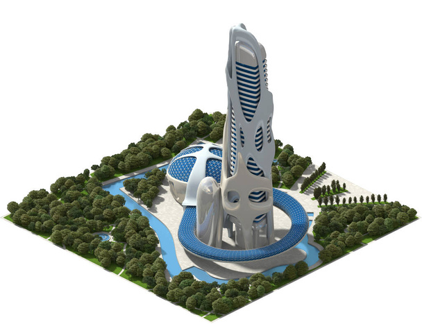 3D Иллюстрация футуристического города с ландшафтной архитектурой, выполненная в изометрической проекции с помощью ортографической камеры. Путь обрезки включен в файл. - Фото, изображение