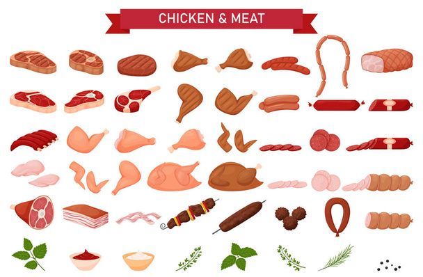 Nagy húskészlet. Kolbász, grillezett csirke, nyers hús, kolbászdarabok, sertés, ökölcsat, borda, csirkemell, shish kebab, húsgombóc, zsír, gyógynövények, szószok Állítsa be egy lapos rajzfilm stílus elszigetelt fehér - Vektor, kép
