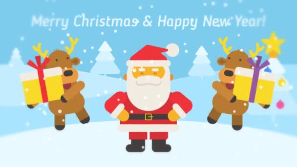 Kerstman en rendieren dansen en gefeliciteerd u Vrolijk Kerstfeest en Gelukkig Nieuwjaar. Een videokaart. Loopanimatie - Video