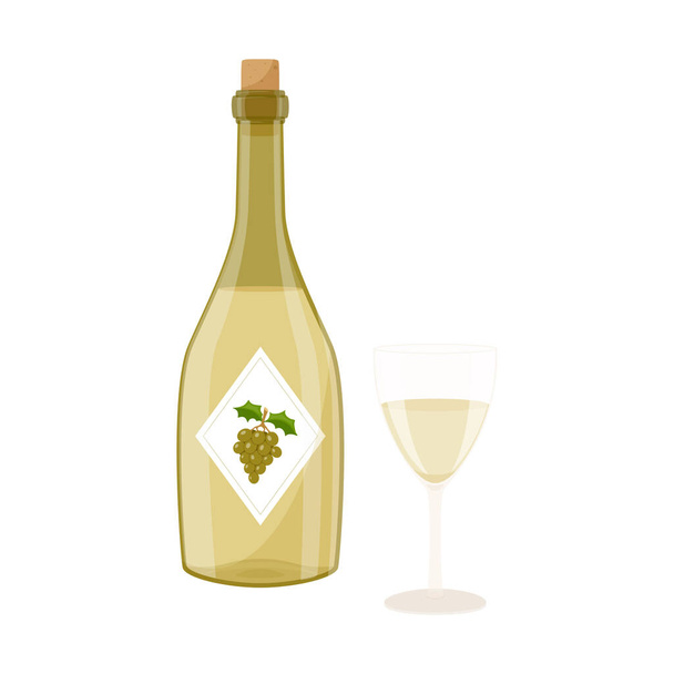 A bottle of white wine with a cork and a filled transparent glass. A bottle with a label and green grapes on it. Flat cartoon style, isolated on a white background.Color vector illustration. - Vektori, kuva