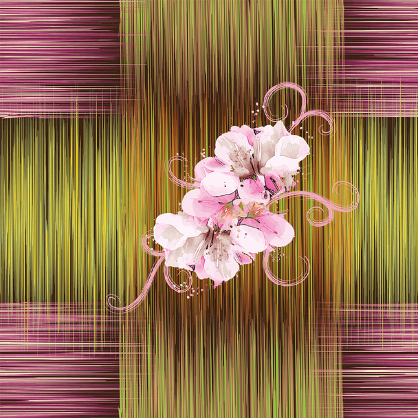 Seamless pattern with abstract flowers in white,pink colors on grunge striped background - Vector, Image