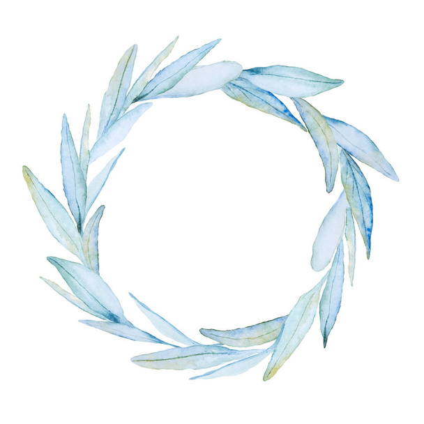 Beautiful delicate round wreath of green and blue leaves isolated on white background. Hand drawn watercolor illustration. Copy space. - Foto, immagini