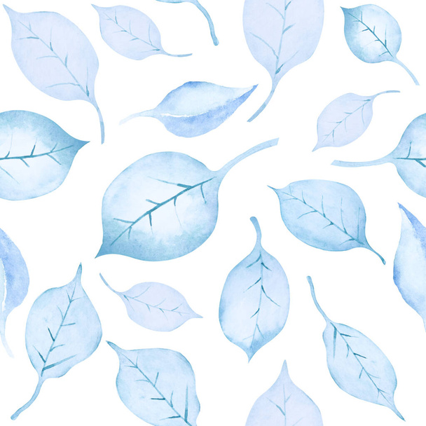 Seamless pattern of abstract blue leaves on white background. Hand drawn watercolor illustration. - Photo, image