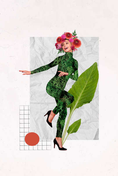Creative photo 3d collage poster postcard picture of beautiful girl dressed weird green costume have fun isolated on painting background. - Photo, image
