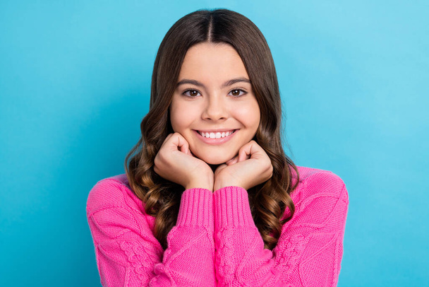 Portrait photo of young cheerful positive bleaching smile cute teenager lady touch cheeks look lovely you isolated on pastel blue color background. - Fotó, kép