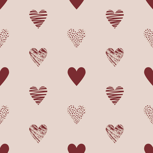 Vector Seamless pattern with simple textured, hatched hearts for Valentine's day. Beige background. Great for wrapping paper, textiles, fabric, T-shirts and scrapbooking - Vector, Imagen