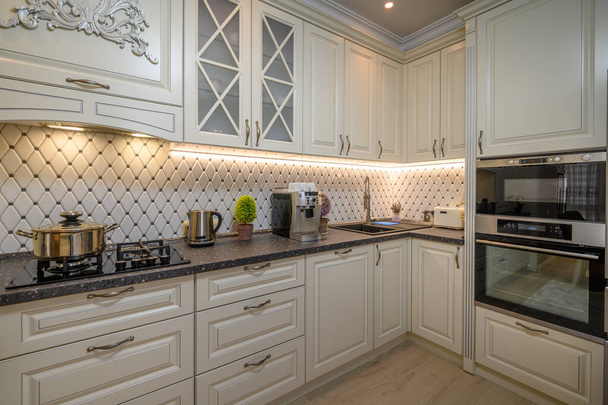 Klassieke beige keuken met ruime aanrecht ruimte en een verscheidenheid aan apparatuur - Foto, afbeelding