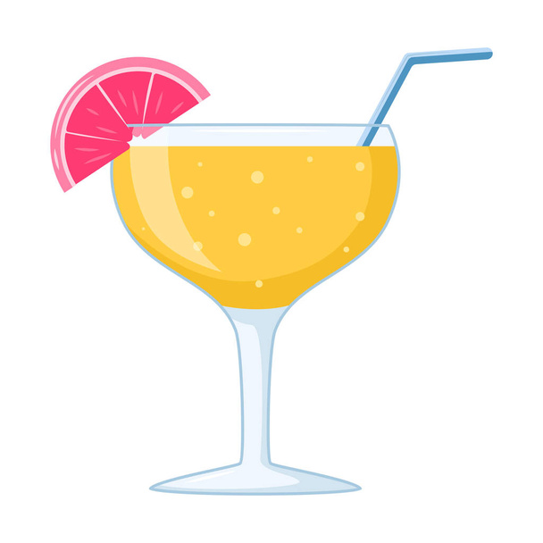 Summer beach cocktail. A refreshing mixed drink with citrus, grapefruit in a transparent cocktail glass with a straw. Healthy beverage in cartoon style on white background Vector illustration - Wektor, obraz