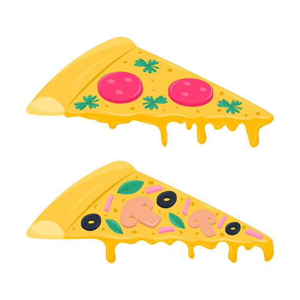 Two slices of pizza with olives, parsley leaves, sausage and champignons. Italian food with dripping melted cheese. Vector illustration in a flat cartoon style isolated on a white background - Vector, Imagen