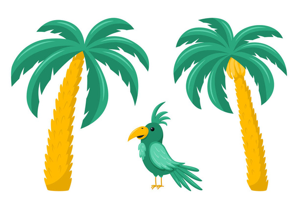 Tropical palm trees and a parrot. Exotic plant and animal. Palm tree with bananas. Vector illustration in a flat cartoon style isolated on a white background - Вектор,изображение