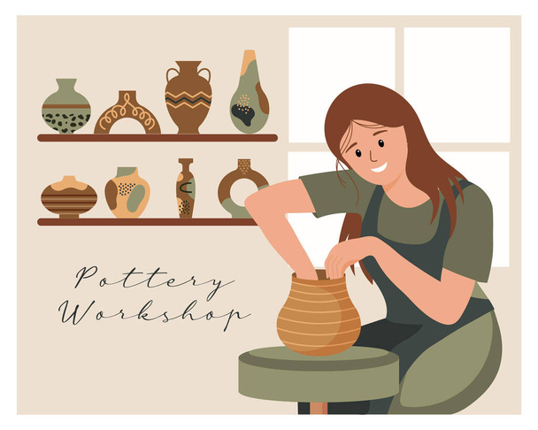 Une femme avec une roue de potier et un ensemble de poterie vintage avec des ornements. Illustration plate, clip art, vecteur - Vecteur, image