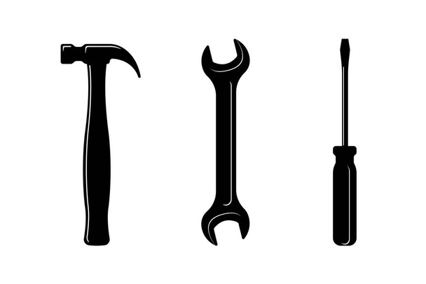 Hammer, screwdriver, wrench or spanner black icon set. Handyman tools symbol collection for repair. Maintenance service themed sign silhouettes. Construction industry pictograms. Vector illustration - Vector, Image
