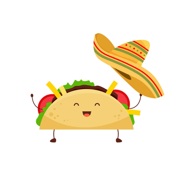 Meksykańskie taco cute postać z sombrero. Koncepcja żywności Ameryki Łacińskiej. Tacos z mięsem i warzywami. Ilustracja wektora w modnym płaskim stylu izolowane na białym tle. - Wektor, obraz