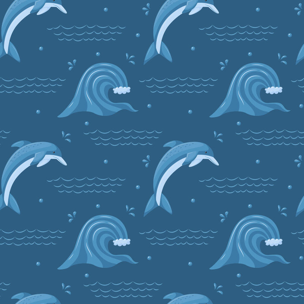 Seamless pattern with sea, ocean wave and cute diving dolphin. Sea element and aquatic animal. For summer, beach textiles. Vector illustration in a flat cartoon style on a dark blue background - Vektör, Görsel
