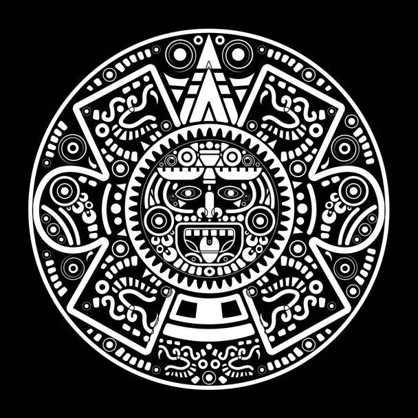 Священный ацтекский календарь колеса колеса Майя бога солнца, символы майя этническая маска, белый татуировка круглый рамка границы старый логотип иконка вектор иллюстрации изолированы на черном фоне  - Вектор,изображение