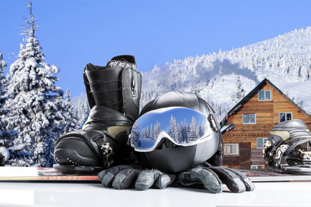 Winter sport equipment on winter background - Photo, Image
