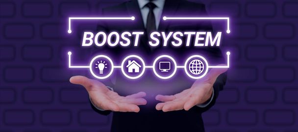 Znak tekstowy pokazujący Boost System, Conceptual photo Odmłodzić Upgrade Wzmocnić Zdrowsze podejście holistyczne - Zdjęcie, obraz