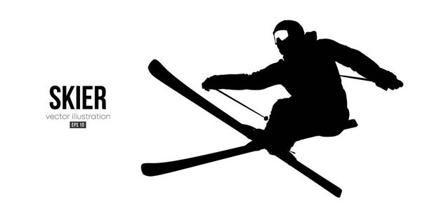 Абстрактный силуэт лыжного спорта на белом фоне. Лыжник делает трюк. Векторная иллюстрация - Вектор,изображение