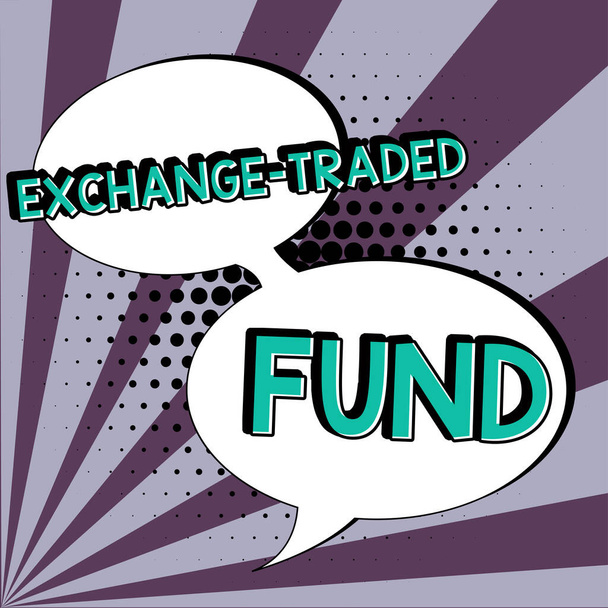 Teksti kuvateksti esittää Exchange Traded Fund, Business showcase Markkinakelpoinen arvopaperi, joka seuraa osakeindeksi - Valokuva, kuva