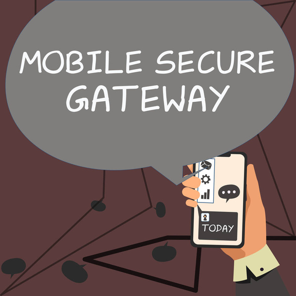 Tekenen weergeven Mobile Secure Gateway, Internet Concept Beveiligen van apparaten van phishing of kwaadaardige aanval - Foto, afbeelding
