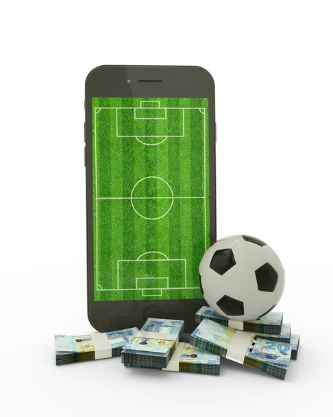 rendu 3D d'un téléphone portable avec terrain de football à l'écran, ballon de football et piles de notes dinar koweïtien isolé sur fond blanc. - Photo, image