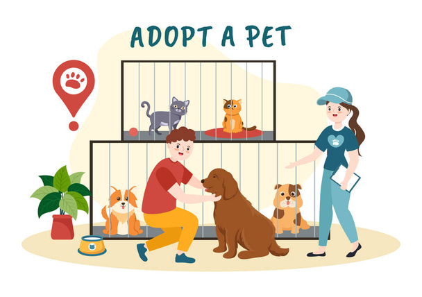 Adoption eines Haustieres aus einem Tierheim in Form von Katzen oder Hunden zur Pflege und Pflege in flachen, von Hand gezeichneten Cartoon-Vorlagen Illustration - Vektor, Bild