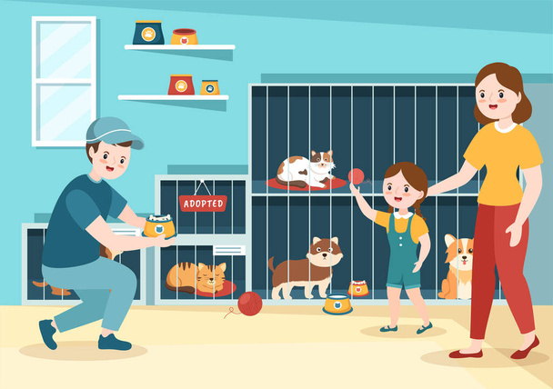 Adopt a Pet From an Animal Shelter in the Form of Cats or Dogs to Care for and Look After in Flat Cartoon Hand Drawn Templates Illustration - Vector, Image