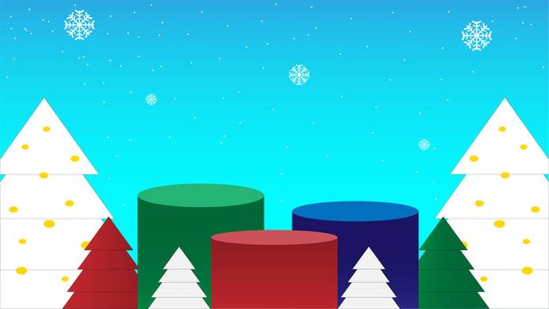 Podium shape minimal mock up with christmas tree blue background,Abstract mock up snow winter - Vector, Image