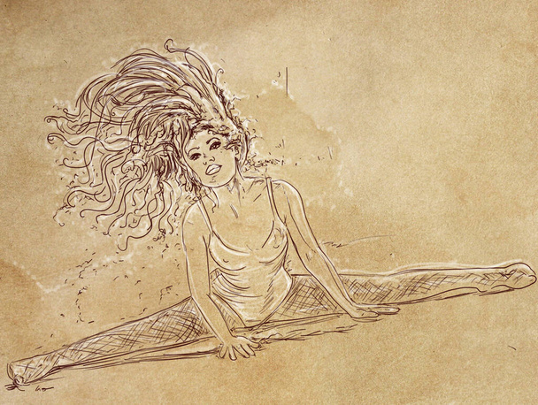 深い古代の背景、芸術的なライン、ヴィンテージと長い髪を持つエレガントな女性  - 写真・画像