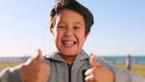 Kid, thumbs up and happiness of a boy face excited about summer fun and freedom by the ocean. Thank you, success and yes hand sign of a child with a smile in sunshine happy about holiday at sea. - Filmmaterial, Video