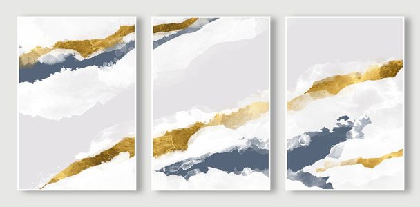 Motif abstrait d'art de texture d'encre blanche et bleue, ligne d'or, nuage ciel art peinture. - Photo, image