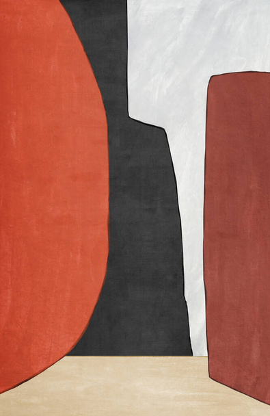 Soyut kırmızı geometrik yağlı boya resim, modern basit resim, gri ve siyah desenler. - Fotoğraf, Görsel