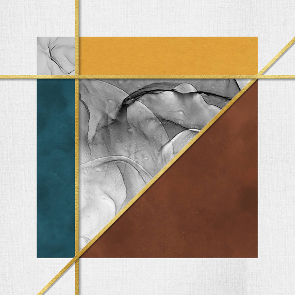 Geometryczny kolor bloku kombinacji wzór, nowoczesny prosty styl abstrakcyjny sztuki malarstwo, złota linia tekstury sztuka tło. - Zdjęcie, obraz