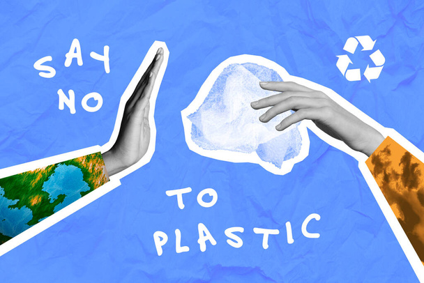 Collage 3d image of pinup pop retro sketch of hands asking say no to plastic bags isolated painting background. - Φωτογραφία, εικόνα