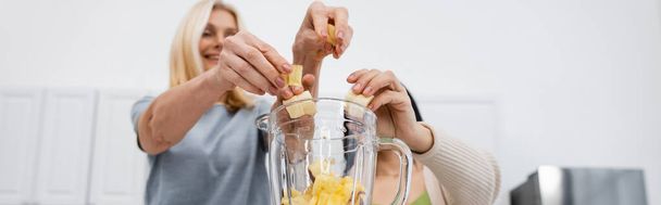 Low angle view of blurred friends putting fruits in blender, banner  - Photo, Image