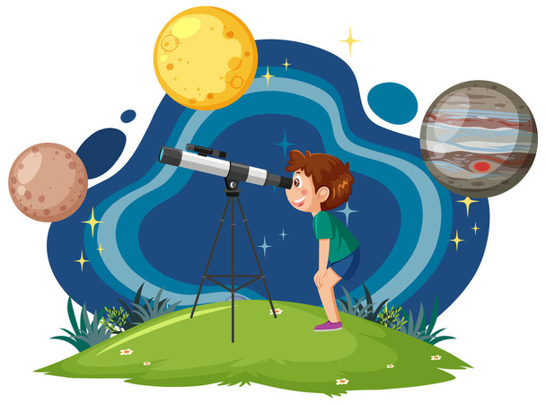 Астрономические дети в иллюстрации в стиле мультфильма - Вектор,изображение