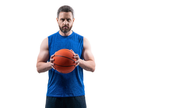 sport man basketball player isolated on white background with copy space. sport man basketball player in studio. photo of sport man basketball player with ball. sport man basketball player - Foto, Bild