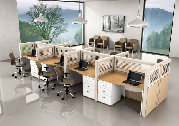 3D Rendering von leeren Büroarbeitsplatzpartitionen im Inneren  - Foto, Bild