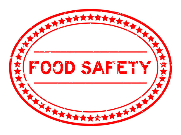 Grunge punainen elintarvikkeiden turvallisuus sana soikea kumitiiviste leima valkoisella taustalla - Vektori, kuva