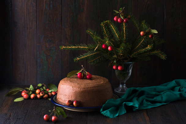 Pastel de crema de chocolate de Navidad con manzanas pequeñas sobre un fondo oscuro - Foto, imagen