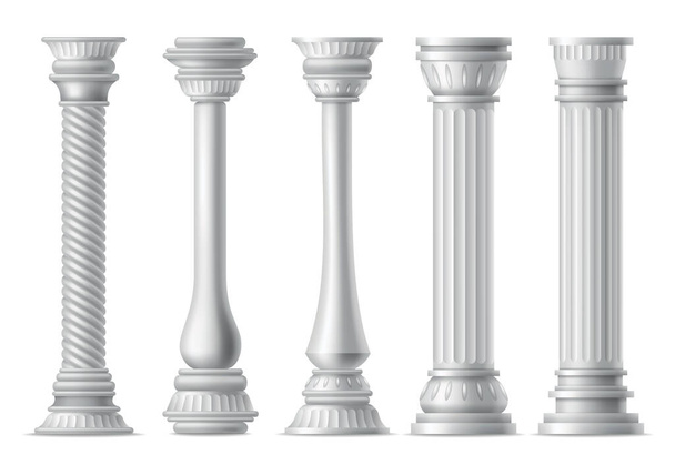 アンティークの柱、リアルなアイコンセット。ファサードデザインのためのねじれや溝の装飾とローマやギリシャ建築の古典的な石の柱. - ベクター画像