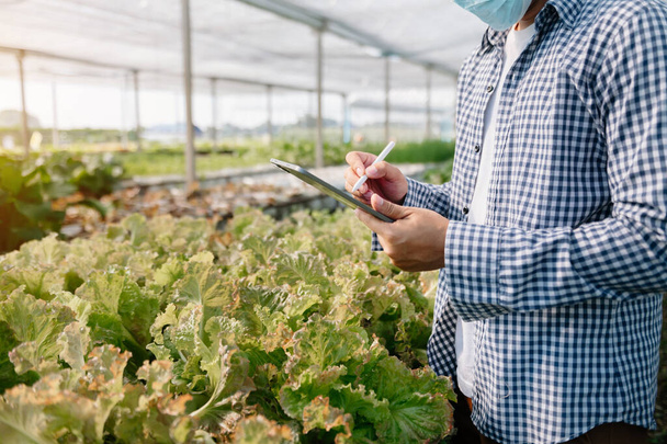 Agriculture technology farmer Man holding tablet or tablet technology to research about agriculture problems analysis data and visual icon.Smart farming - 写真・画像