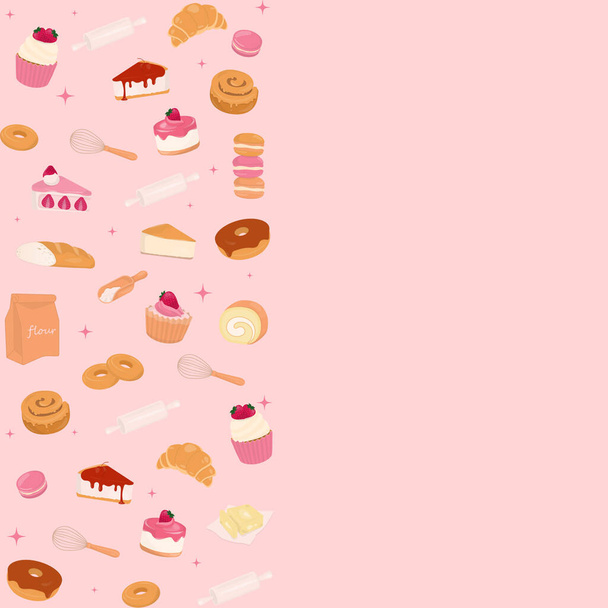 Bakery background. Dessert and baking utensils pattern on pink background with space for copy text. - Vecteur, image