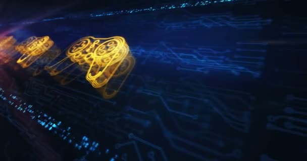 Esport Retro Videospielpad und digitales Hologrammsymbol für Sportspiele erscheinen auf einem elektronischen Schaltkreis-Hintergrund. Cyber-Technologie und Computer abstraktes Konzept 3D nahtlos und Schleifenanimation. - Filmmaterial, Video