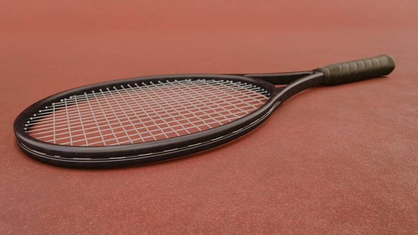 Desporto e estilo de vida saudável. Ténis. raquete de tênis na quadra de barro Fundo esportivo com conceito de tênis, Ilustração, animação de renderização 3d - Foto, Imagem
