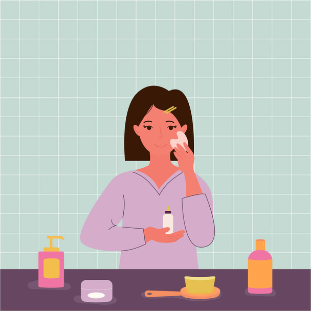 Woman in the bath is applying serum and doing massage. Vector - Vector, Image